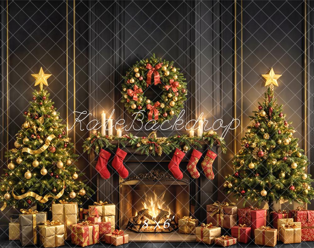 Kate Christmas Fireplace Trees Wreath Fleece Backdrop Designed by Emetselch - Kate Backdrop AU