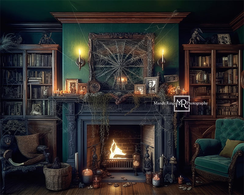 Kate Halloween Fireplace Cobweb Candles Vintage Backdrop Designed by Mandy Ringe - Kate Backdrop AU