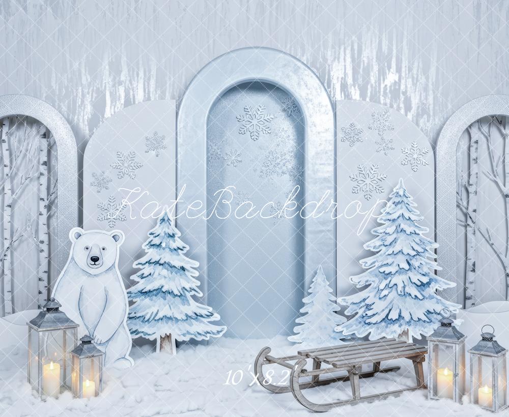 Kate Winter Polar Bear Sled Snowy Trees Backdrop Designed by Patty Roberts