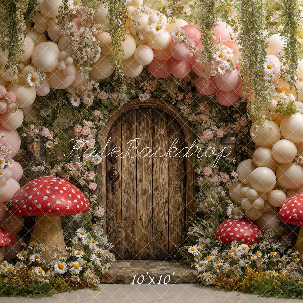 Kate Spring Fairy Wooden Door Mushrooms Backdrop Designed by Ashley Paul