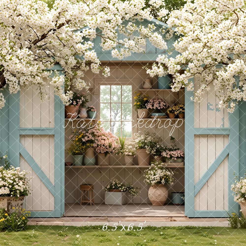 Kate Spring Garden Blue Shed Blossom Trees Backdrop Designed by Emetselch