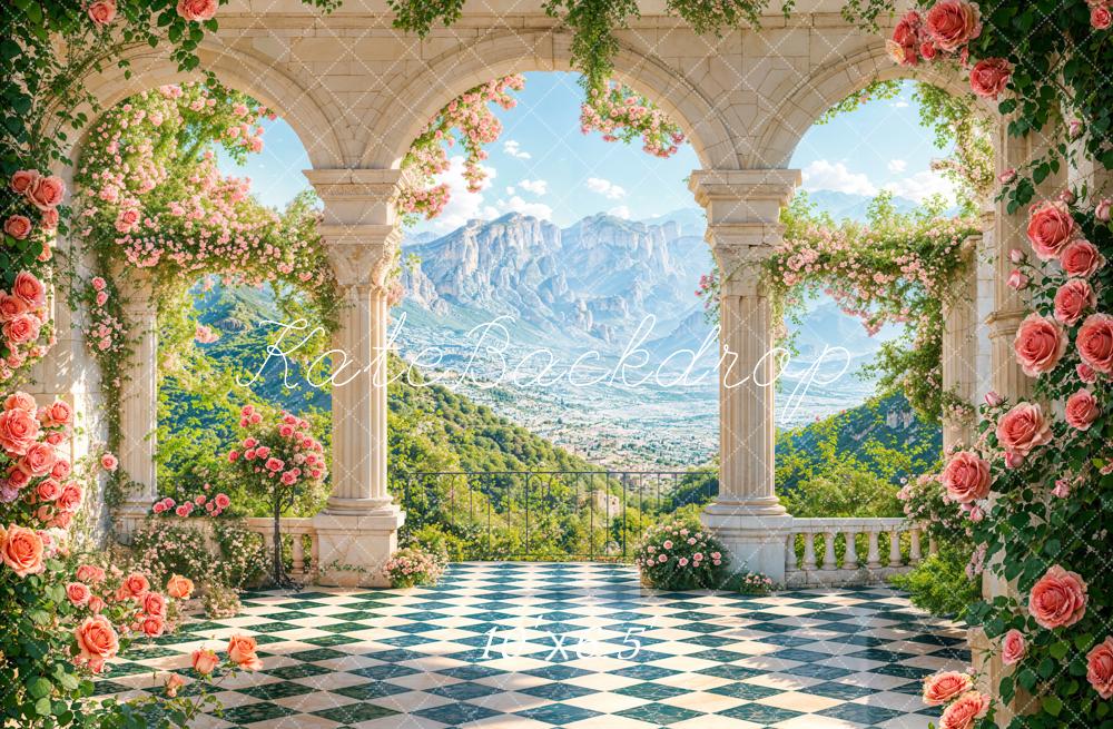 Kate Floral Arch Columns Mountain View Fleece Backdrop Designed by Emetselch - Kate Backdrop AU