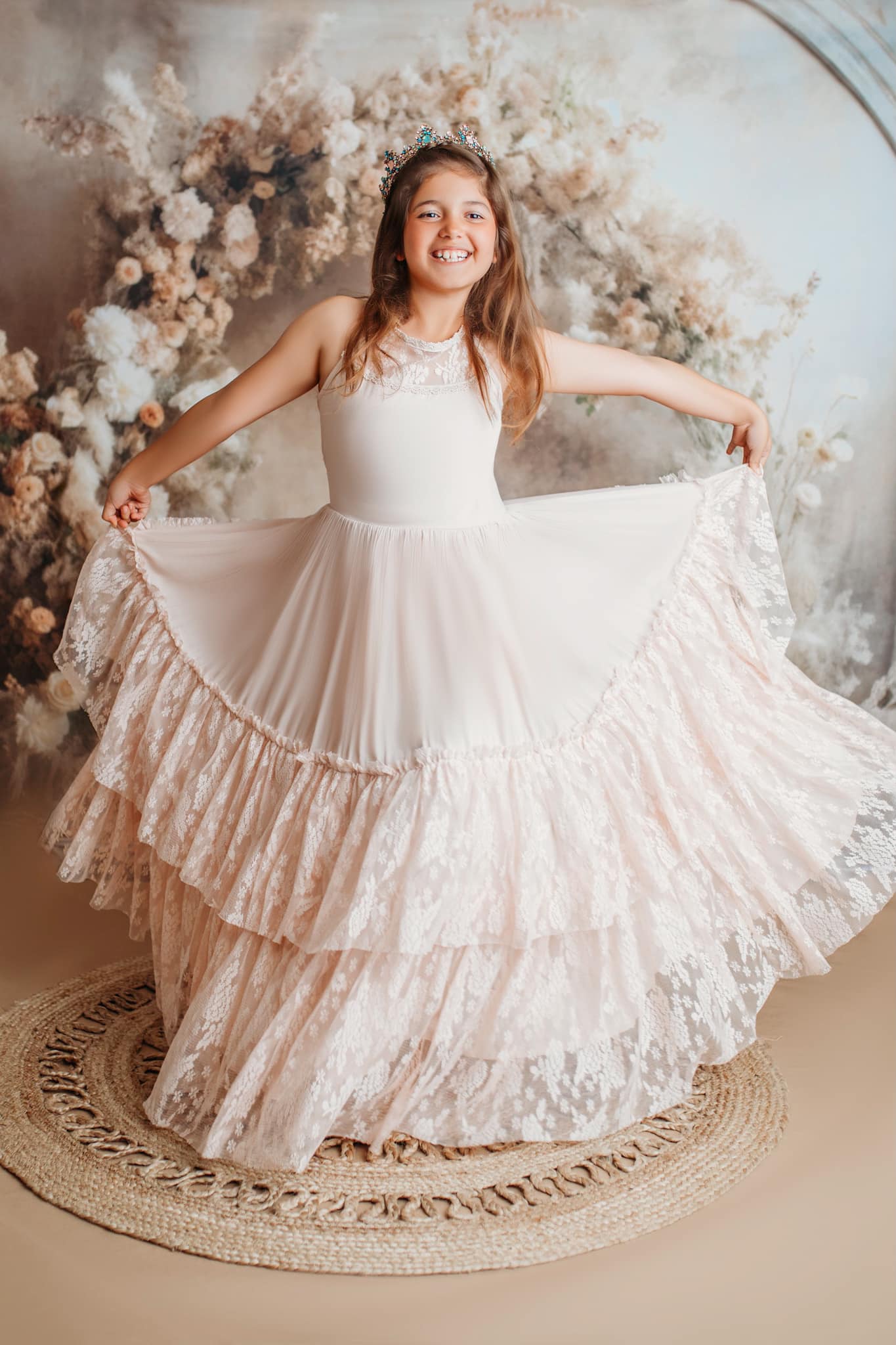 Kate Painterly Fine Art Floral  Backdrop Luxury Flower Arch on Beige Wall Communion Designed by Mini MakeBelieve - Kate Backdrop AU