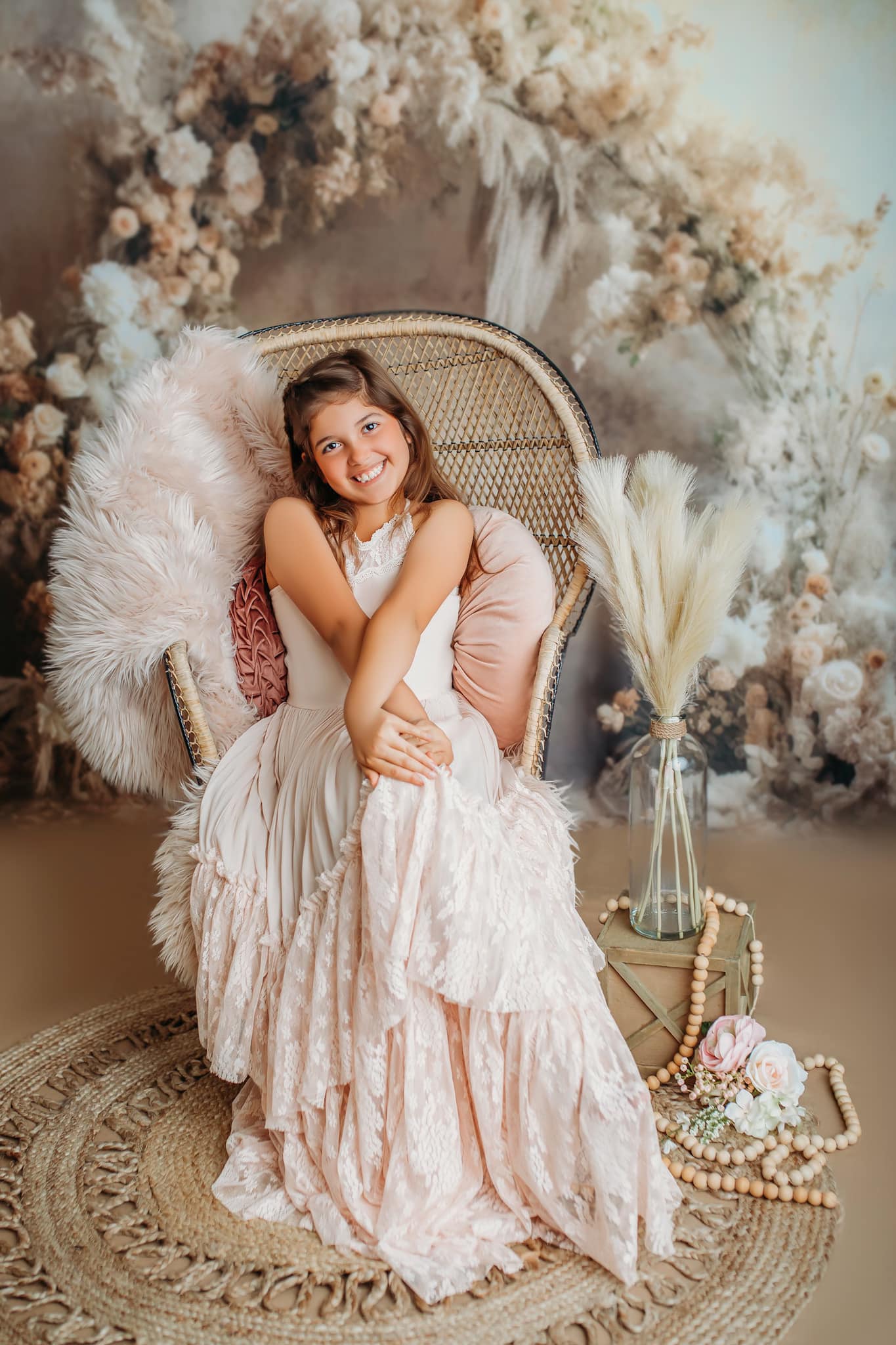 Kate Painterly Fine Art Floral  Backdrop Luxury Flower Arch on Beige Wall Communion Designed by Mini MakeBelieve - Kate Backdrop AU
