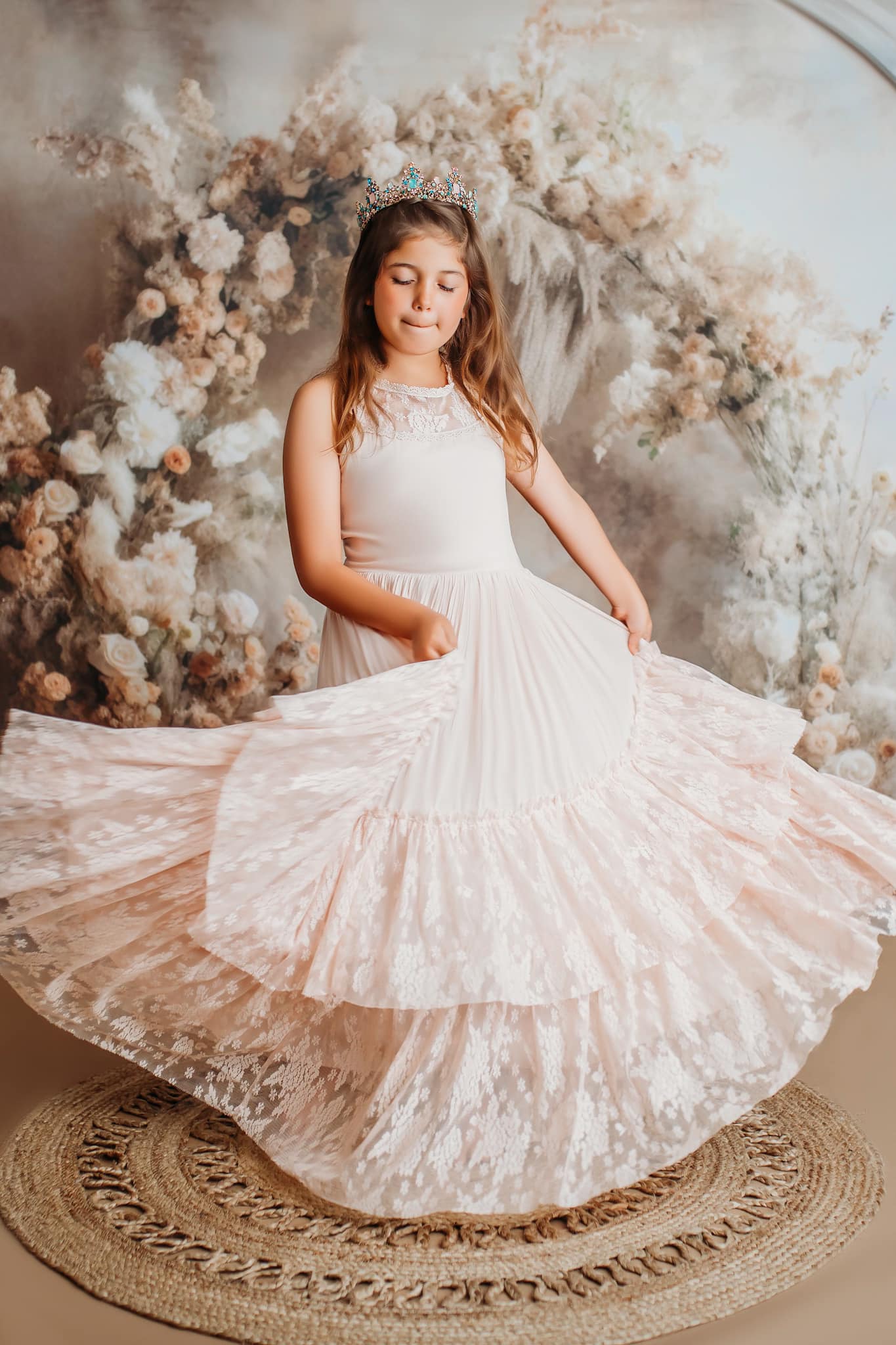 Kate Painterly Fine Art Floral  Backdrop Luxury Flower Arch on Beige Wall Communion Designed by Mini MakeBelieve - Kate Backdrop AU
