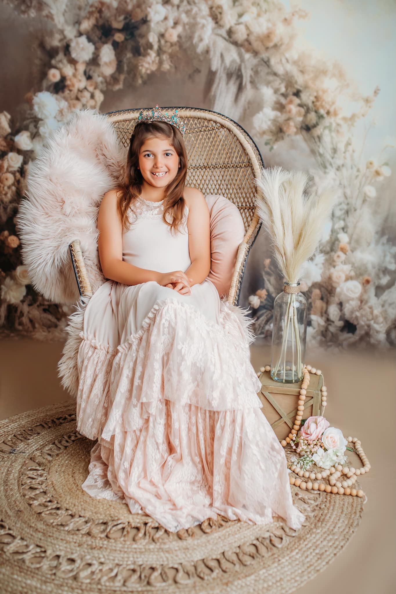 Kate Painterly Fine Art Floral  Backdrop Luxury Flower Arch on Beige Wall Communion Designed by Mini MakeBelieve - Kate Backdrop AU