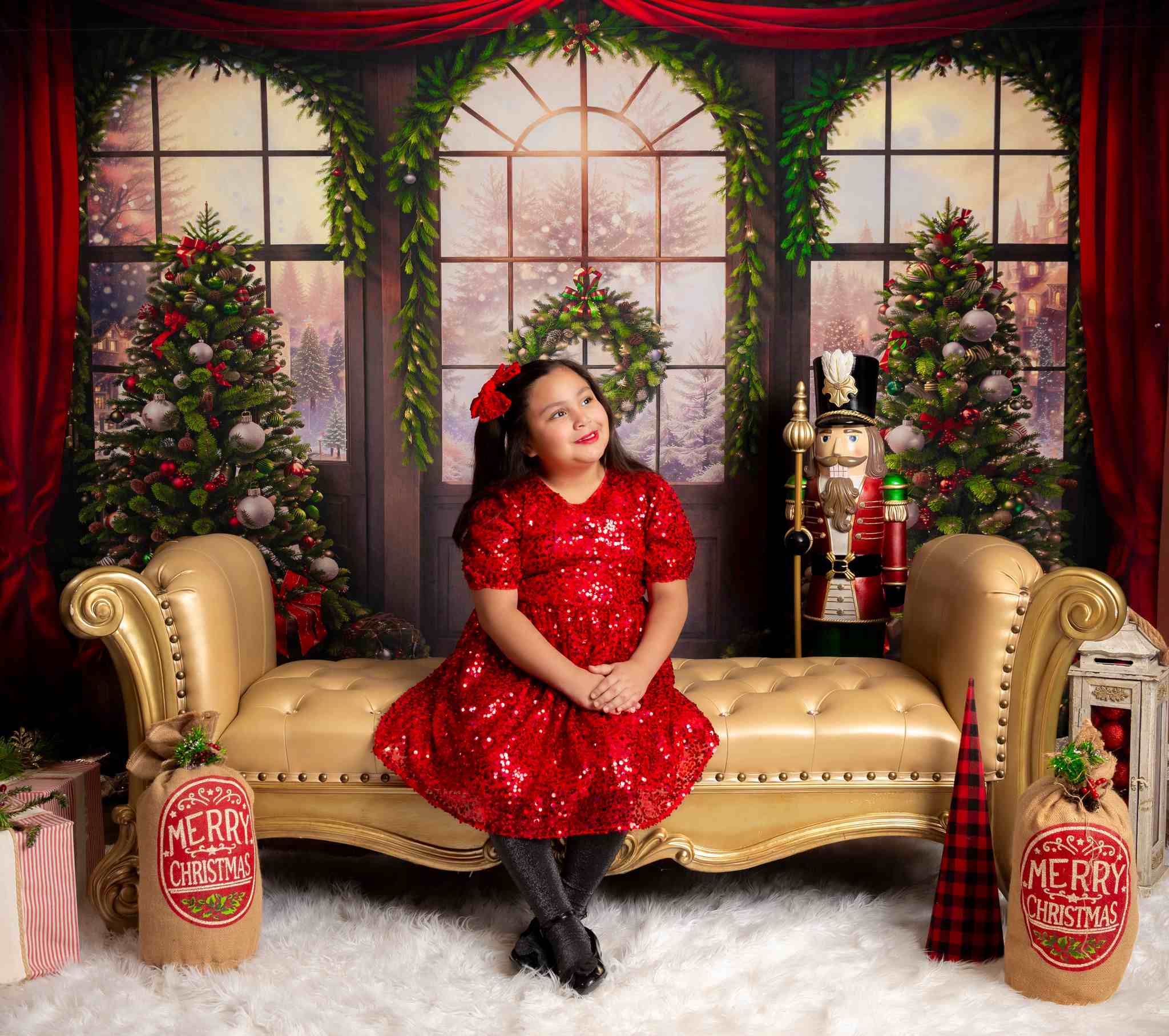 Kate Christmas Tree Window Red Curtain Backdrop Designed by Chain Photography