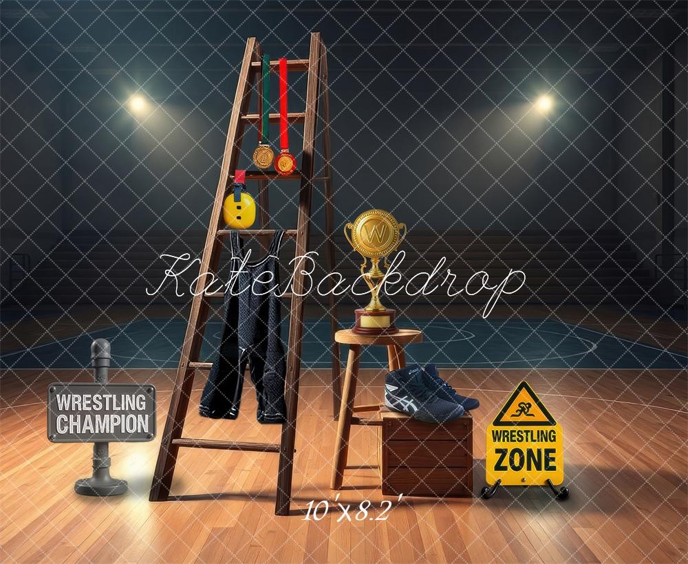 Kate Wrestling Champion Medals Shoes Trophy Gym Backdrop Designed by Laura Bybee - Kate Backdrop AU