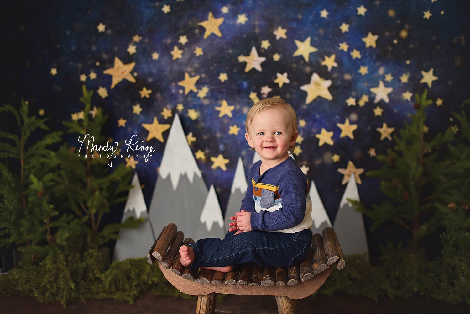 Kate Night Sky with Gold Stars Children Birthday Backdrop for Photography Designed by Mandy Ringe Photography