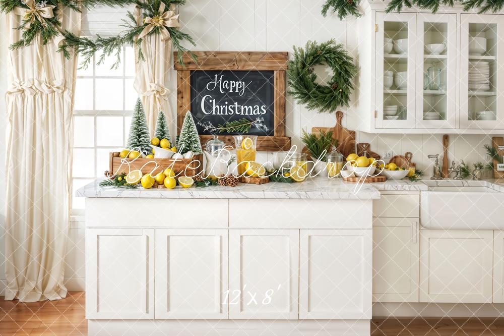Kate Christmas Kitchen Wreath Lemons Garland Fleece Backdrop Designed by Chain - Kate Backdrop AU