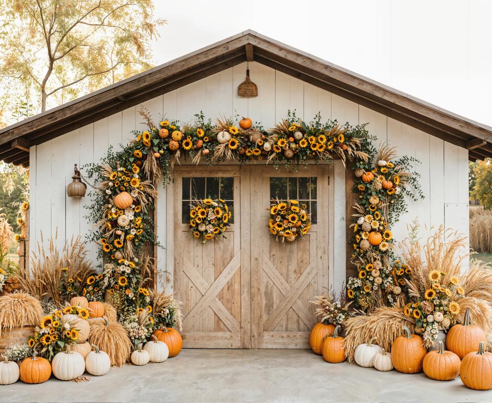 Kate Autumn Pumpkins Sunflowers Rustic Barn Backdrop Designed by Emetselch