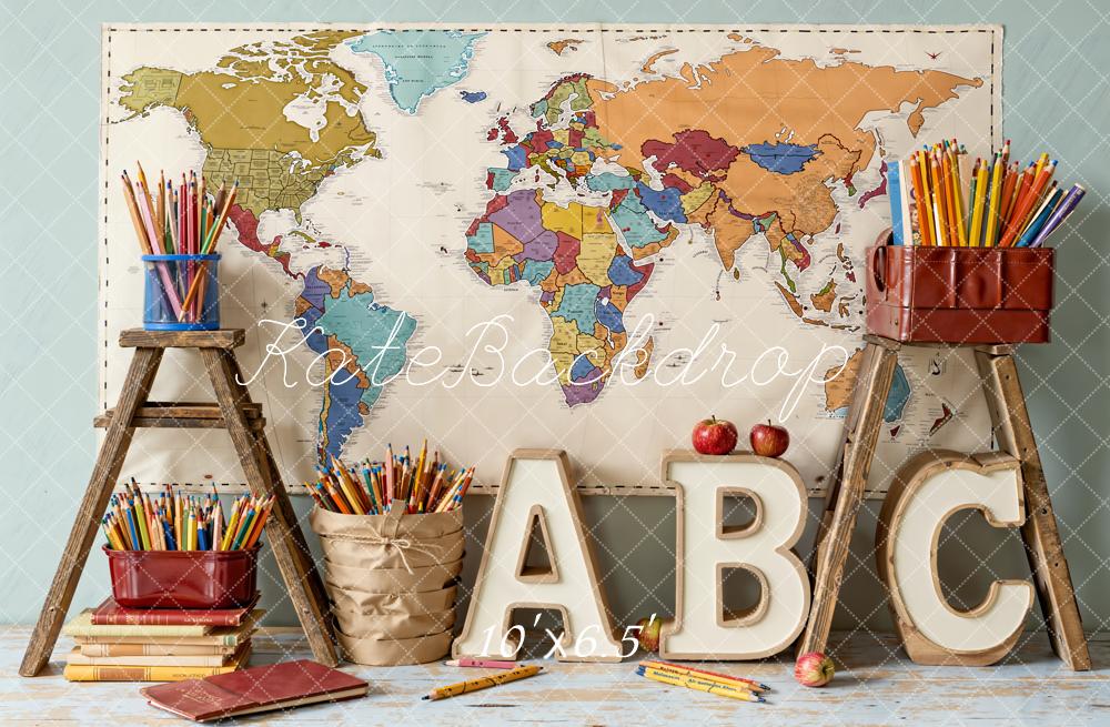 Kate Back To School Map Pencils Fleece Backdrop Designed by Emetselch - Kate Backdrop AU