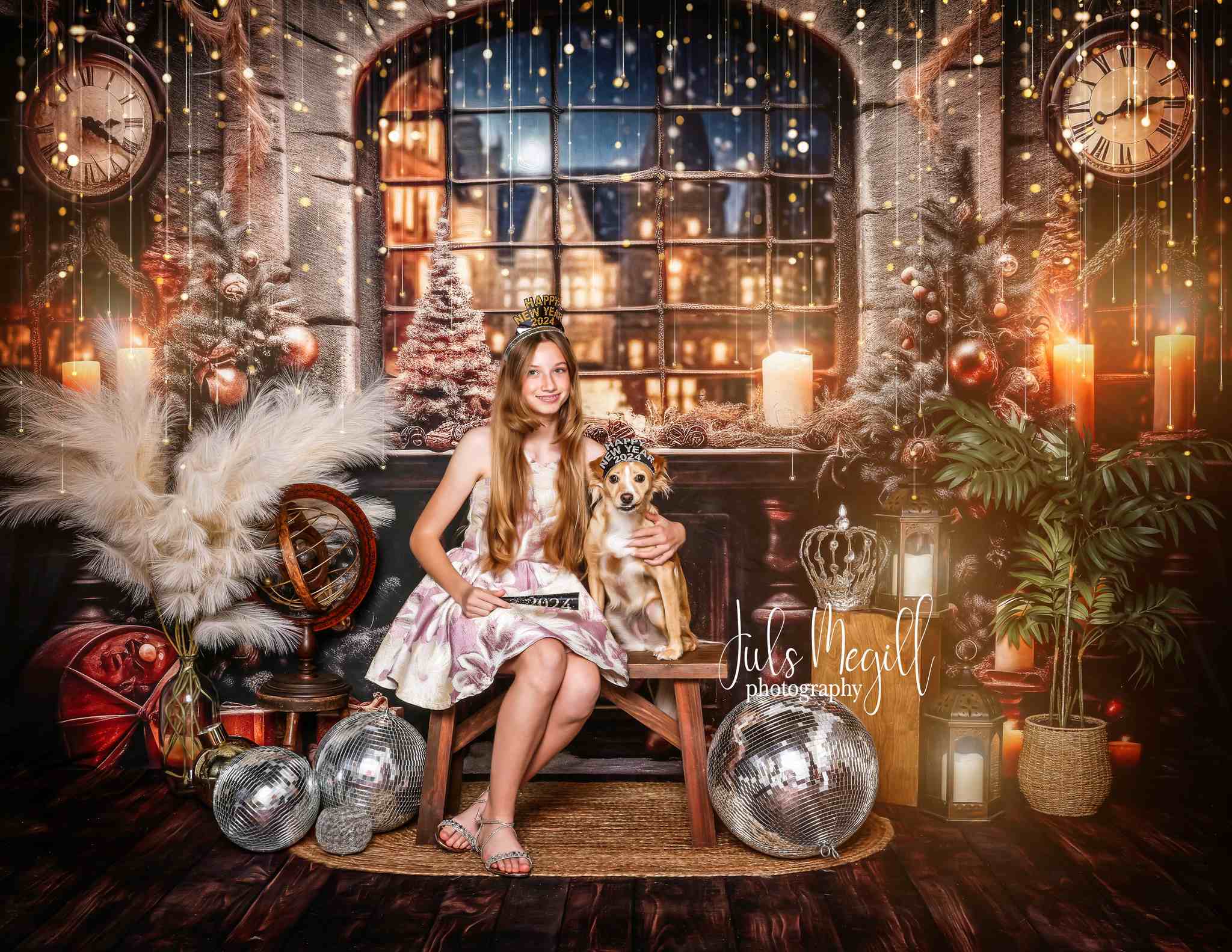 Kate Winter Christmas Tree Window Backdrop Wall Clock for Photography - Kate Backdrop AU