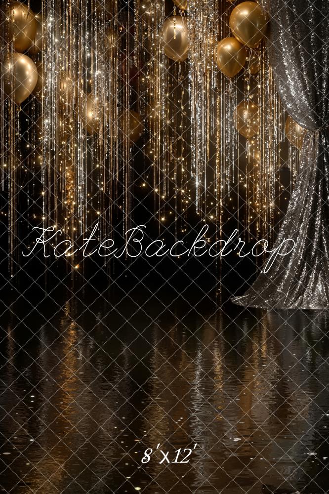Kate Gold Balloons Glitter Streamers Silver Curtains Backdrop Designed by Emetselch