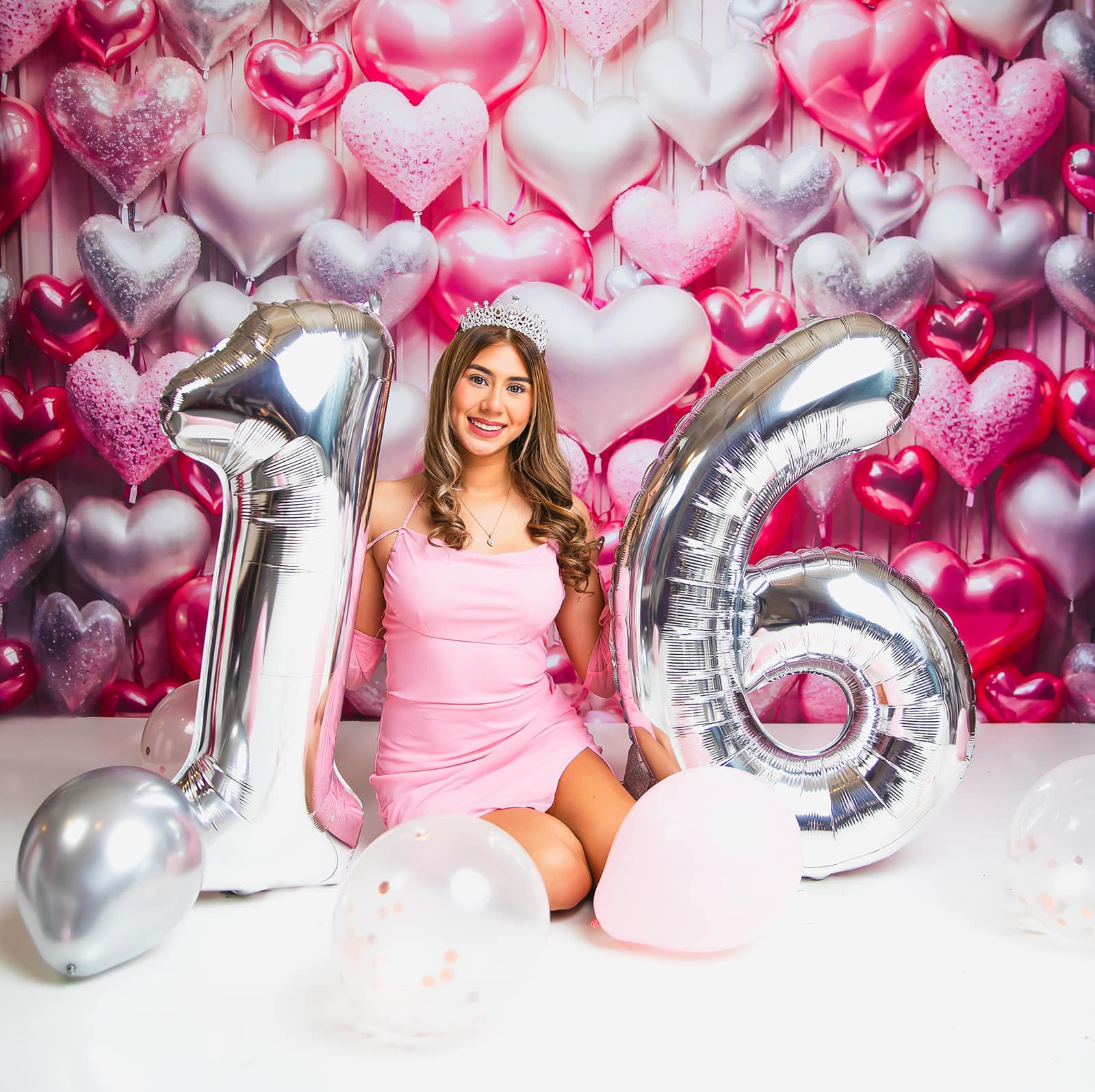 Kate Valentine's Day Pink and Silver Love Heart Balloon Backdrop Designed by Emetselch