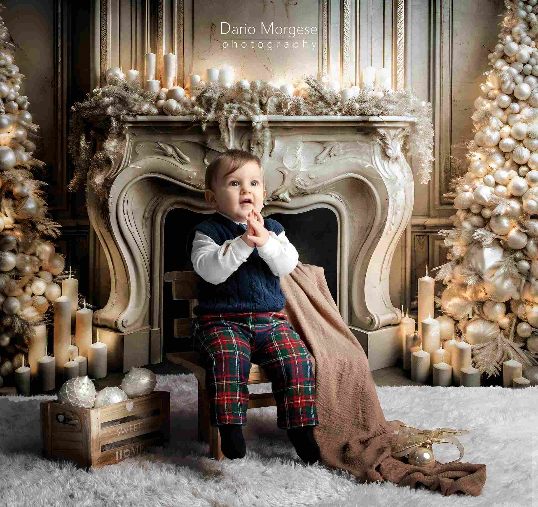 Kate Christmas Communion Candle Backdrop White Fireplace Tree for Photography