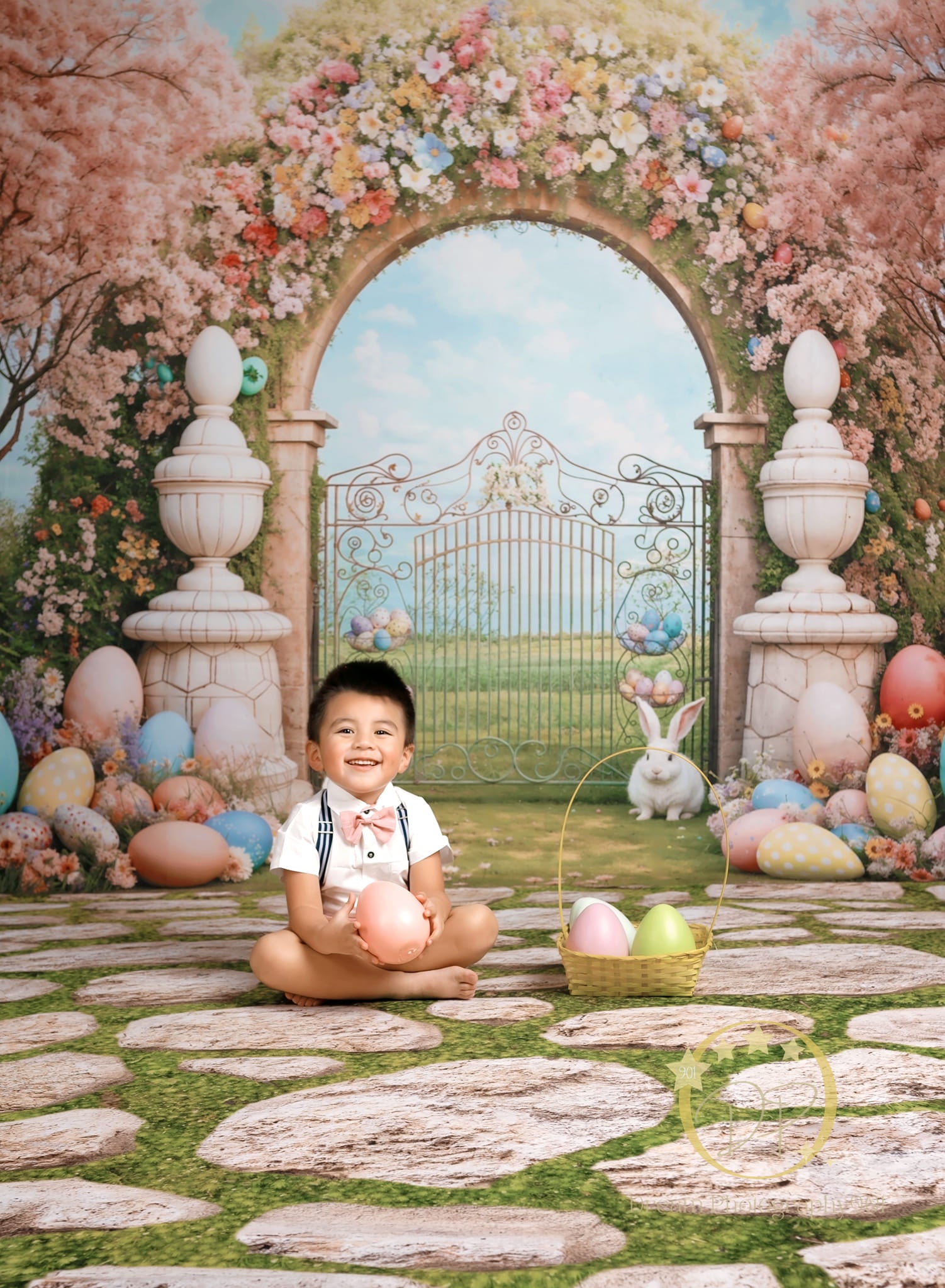 Kate Easter Backdrop Bunny Colorful Flowers Arch Designed by Chain Photography - Kate Backdrop AU