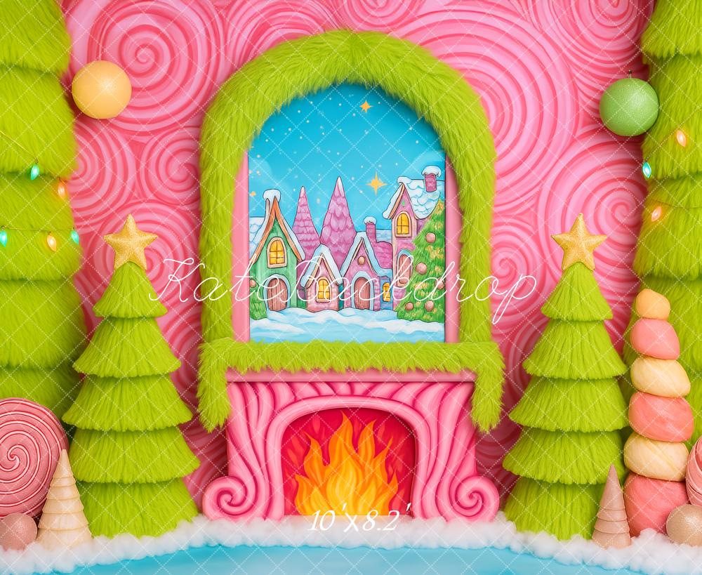 Kate Christmas Candy Fireplace Green Trees Backdrop Designed by Patty Roberts