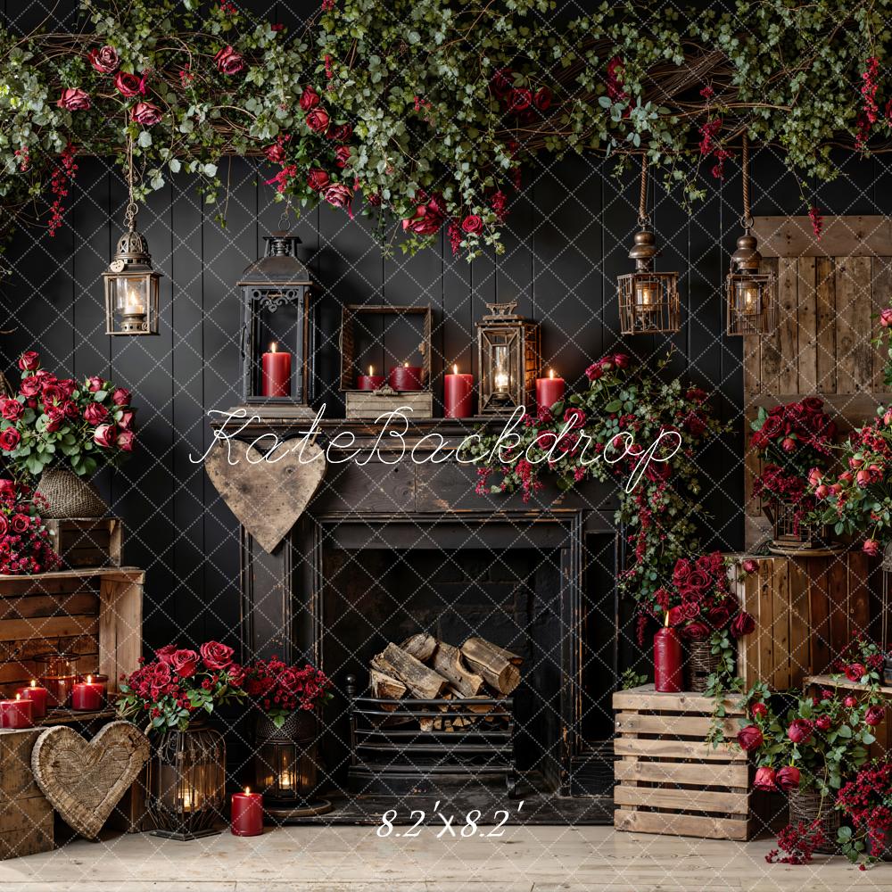 Kate Valentine Fireplace Roses Black Wall Backdrop Designed by Emetselch