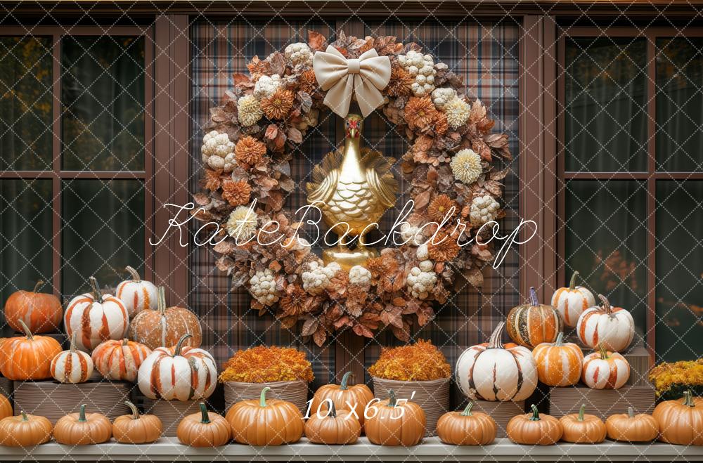 Kate Autumn Wreath Pumpkins Plaid Backdrop Designed by Mini MakeBelieve - Kate Backdrop AU