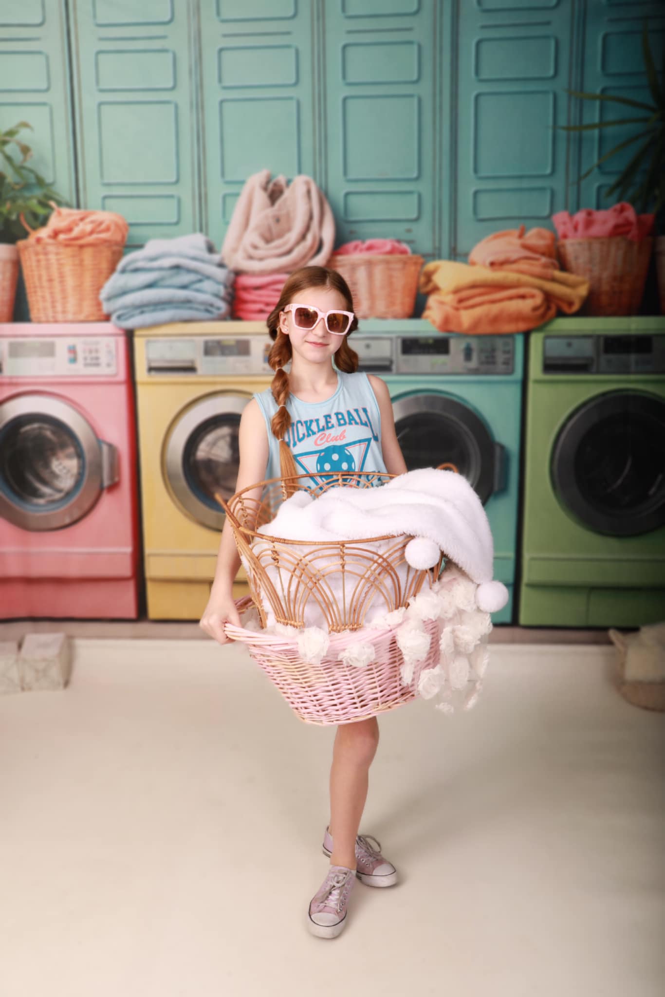 Girl holding laundry basket standing in front of washing machine backdrop