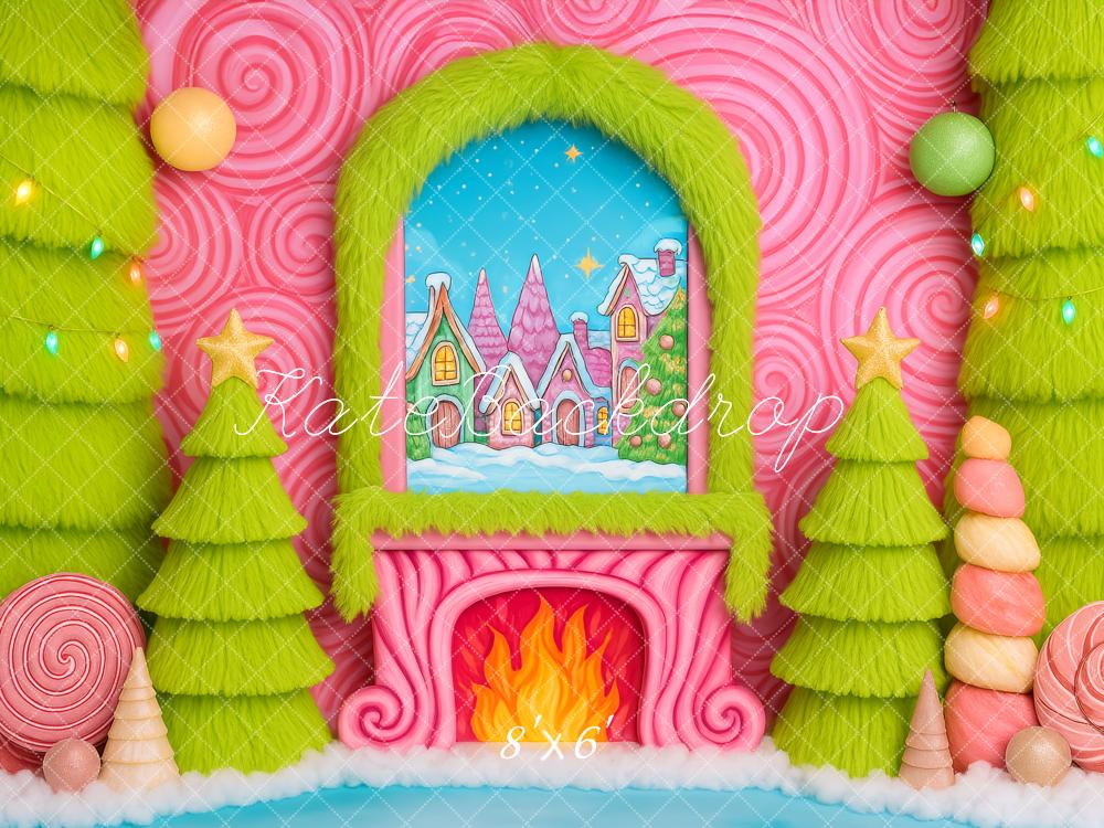 Kate Christmas Candy Fireplace Green Trees Backdrop Designed by Patty Roberts