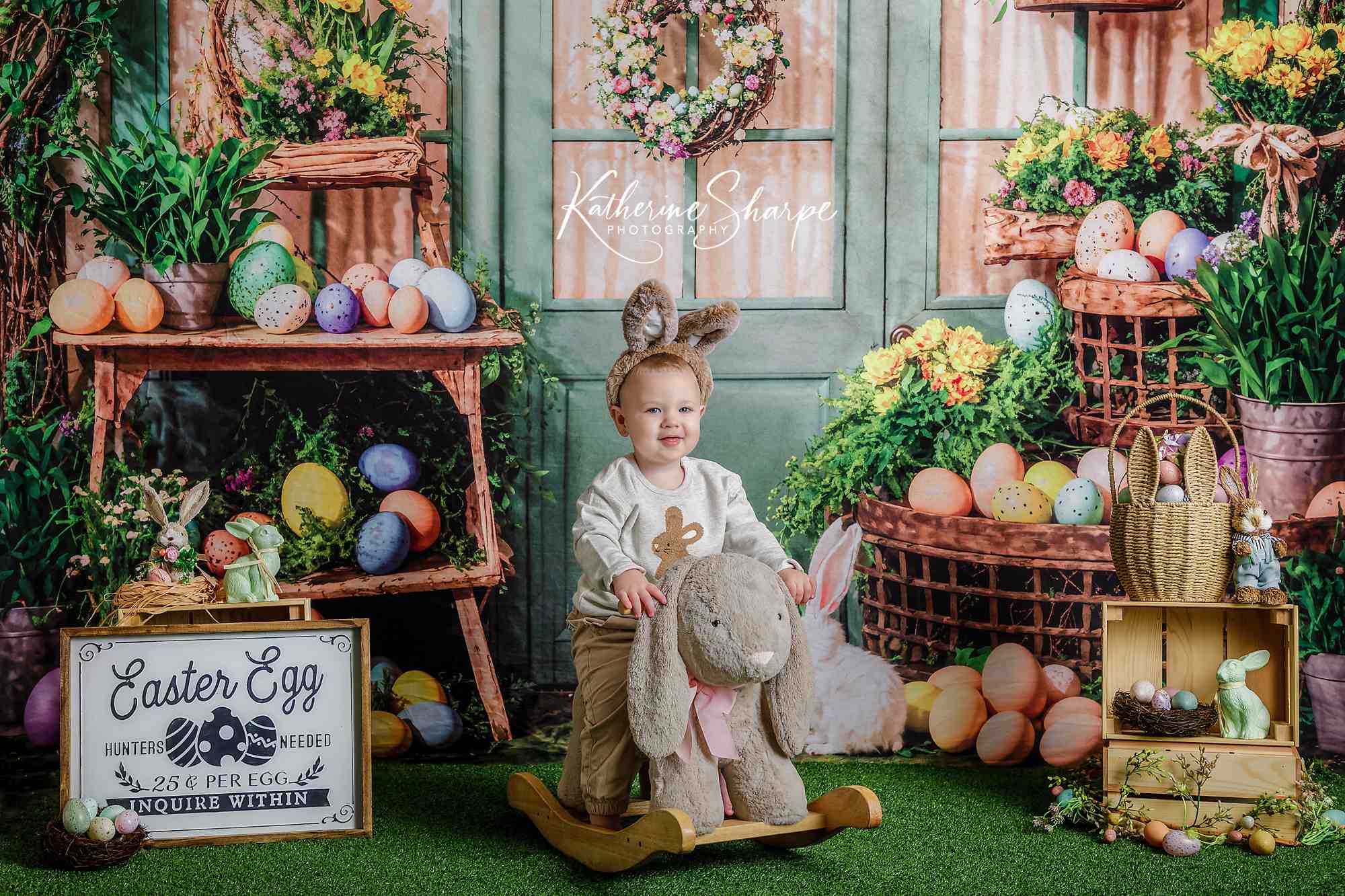 Kate Easter Backdrop Eggs Flowers Green Plants Rabbit Room Designed by Emetselch - Kate Backdrop AU