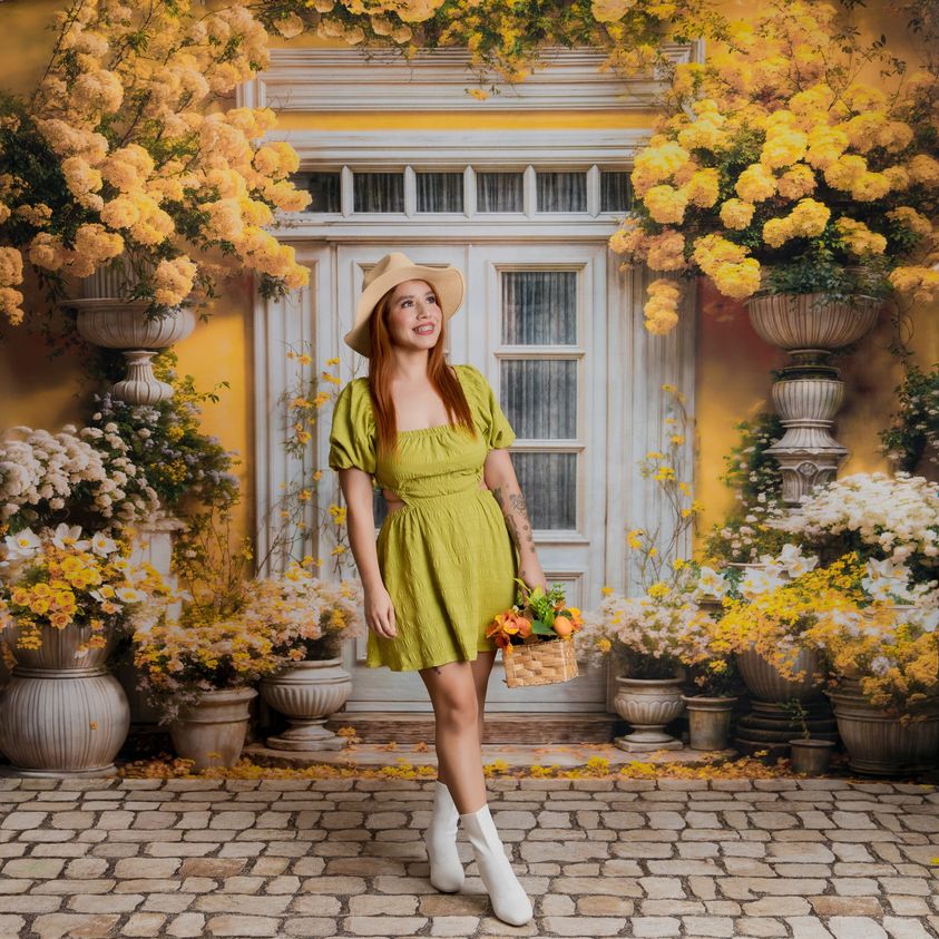 Kate Spring Yellow Flowers Wooden Doors Backdrop+Rugged Patterned Path Floor for Photography