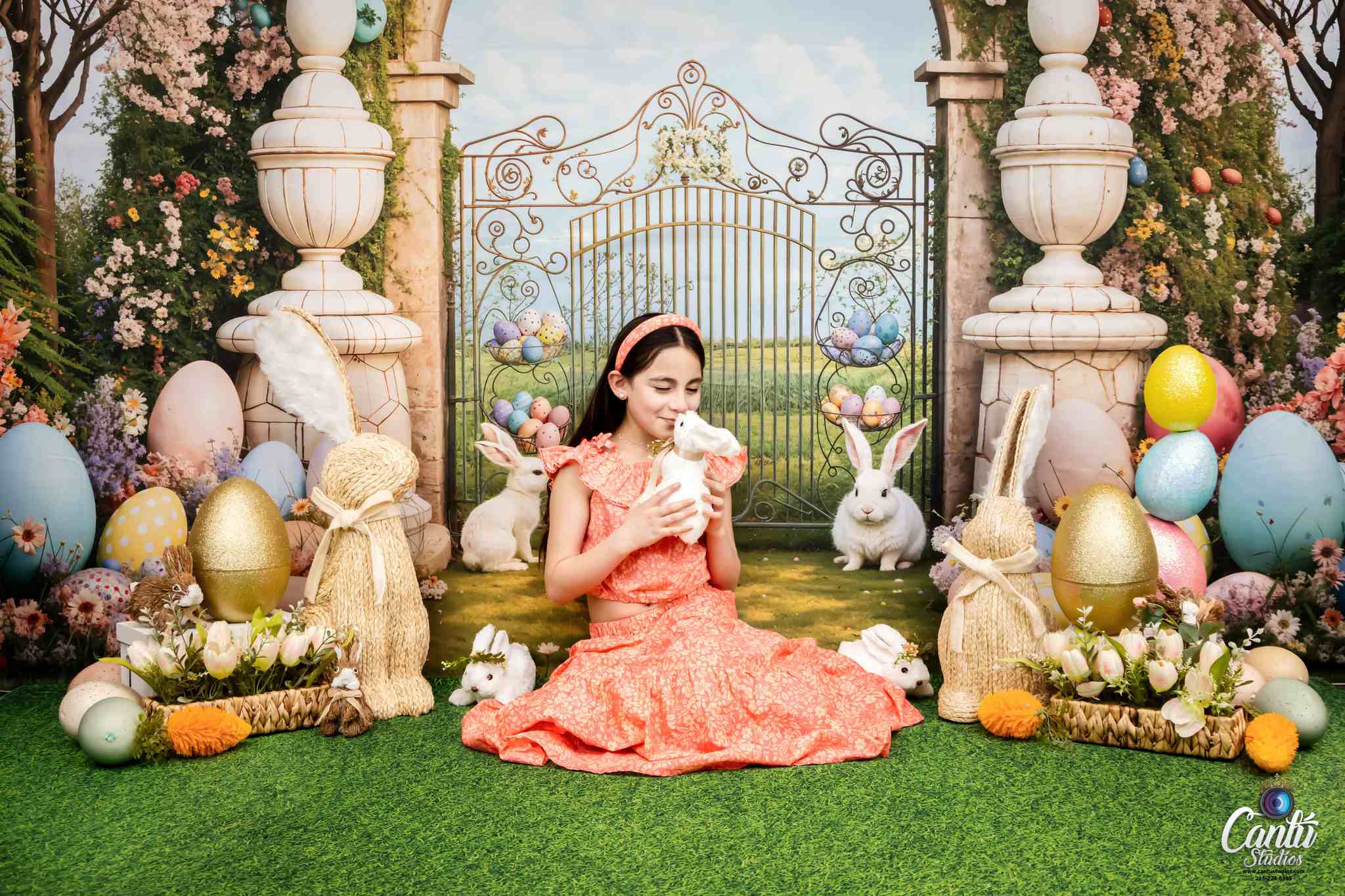 Kate Easter Backdrop Bunny Colorful Flowers Arch Designed by Chain Photography - Kate Backdrop AU