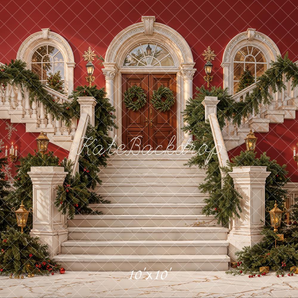 Kate Christmas Stairs Garland Red Backdrop Designed by Emetselch - Kate Backdrop AU