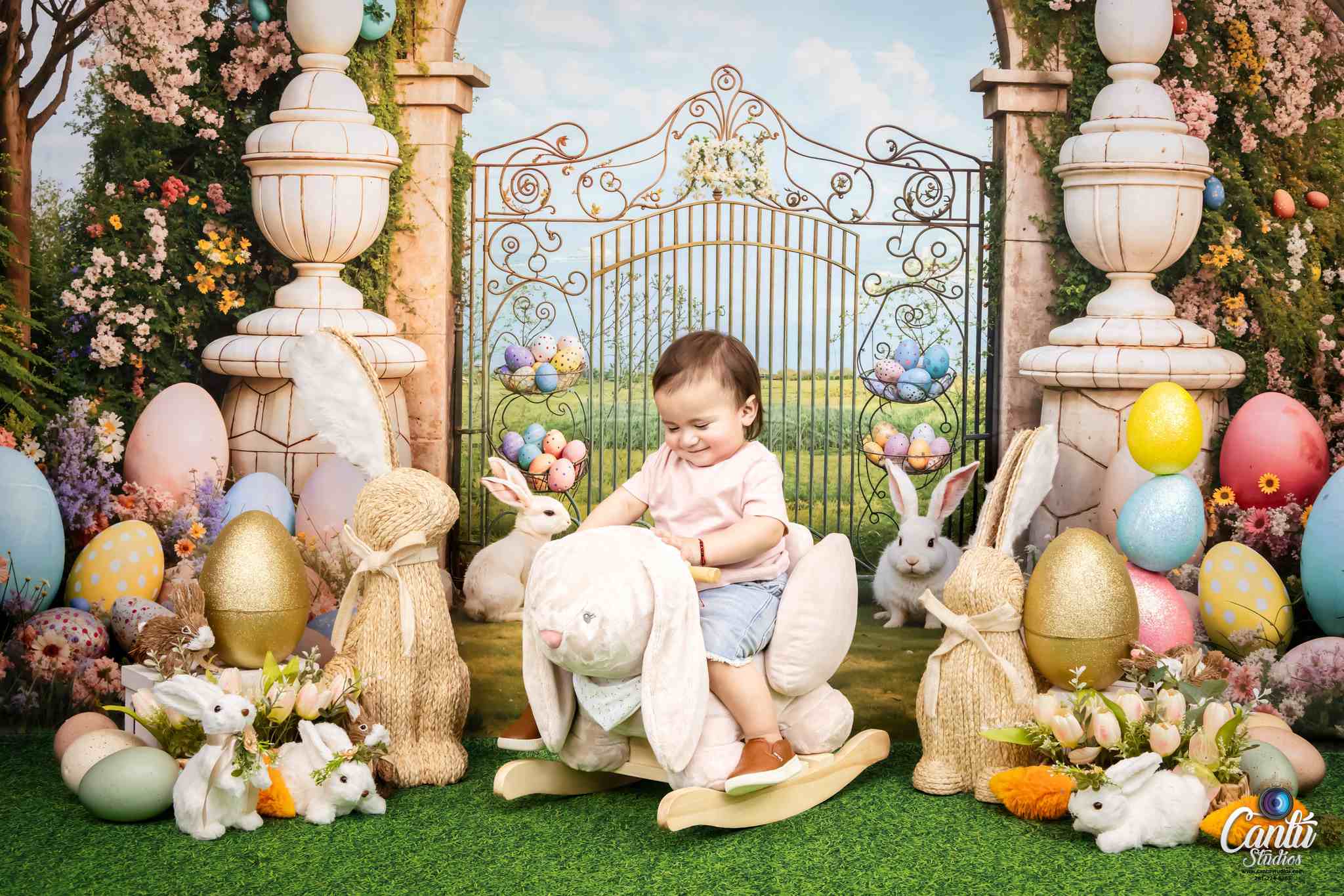 Kate Easter Backdrop Bunny Colorful Flowers Arch Designed by Chain Photography