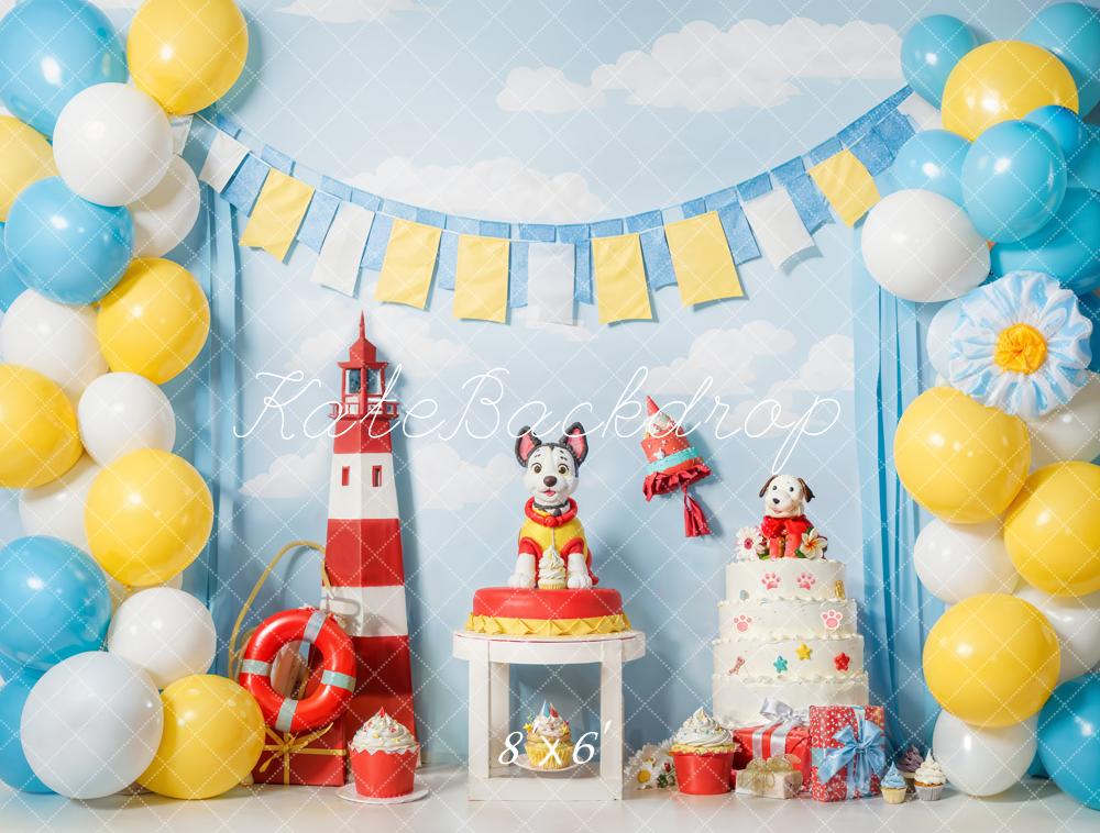 Kate Cake Smash Lighthouse Puppy Balloons Backdrop Designed by Emetselch