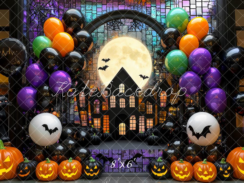 Kate Halloween House Balloons Pumpkins Backdrop Designed by Mini MakeBelieve - Kate Backdrop AU