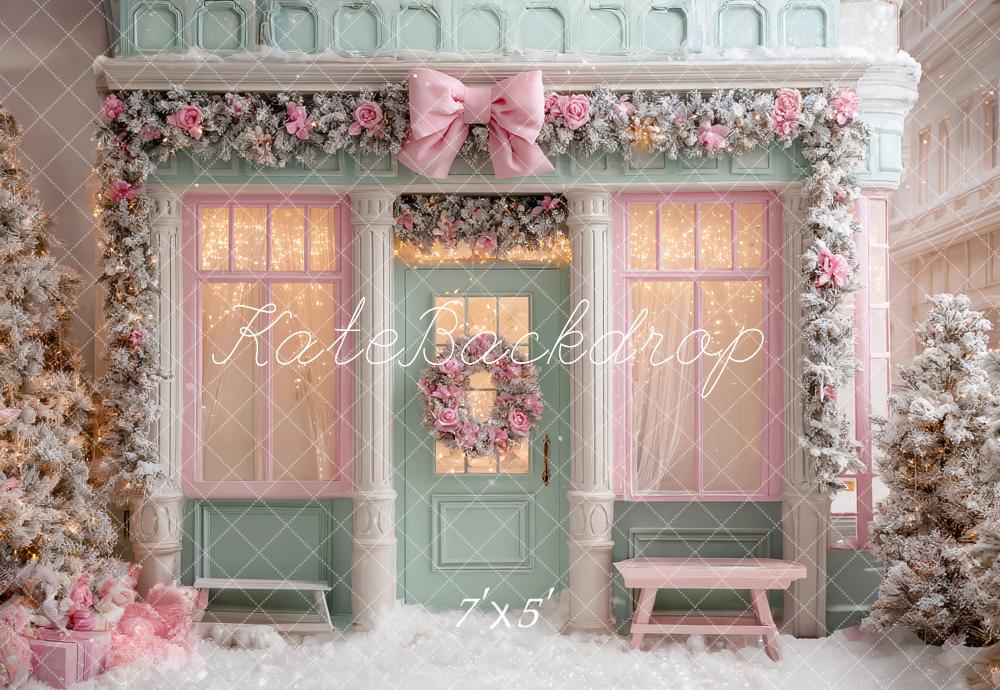 Kate Pink Christmas Shop Frosted Trees Backdrop Designed by Ashley Paul