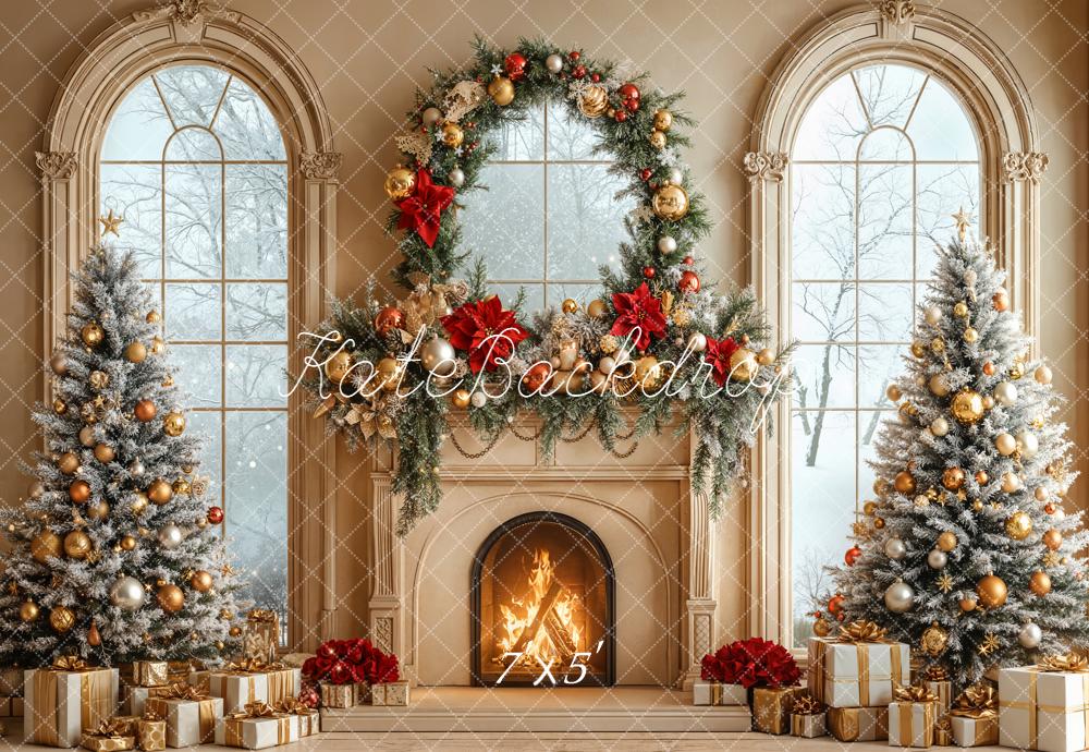 Kate Christmas Fireplace Window Wreath Backdrop Designed by Emetselch - Kate Backdrop AU
