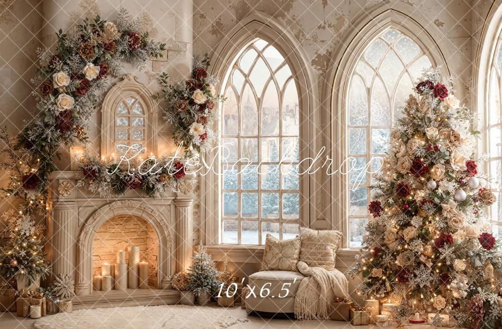 Kate Christmas Fireplace Floral Arched Windows Backdrop Designed by Emetselch