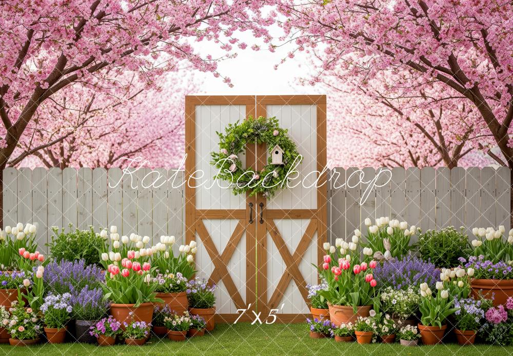 Kate Spring Garden Gate Cherry Blossoms Backdrop Designed by Patty Roberts