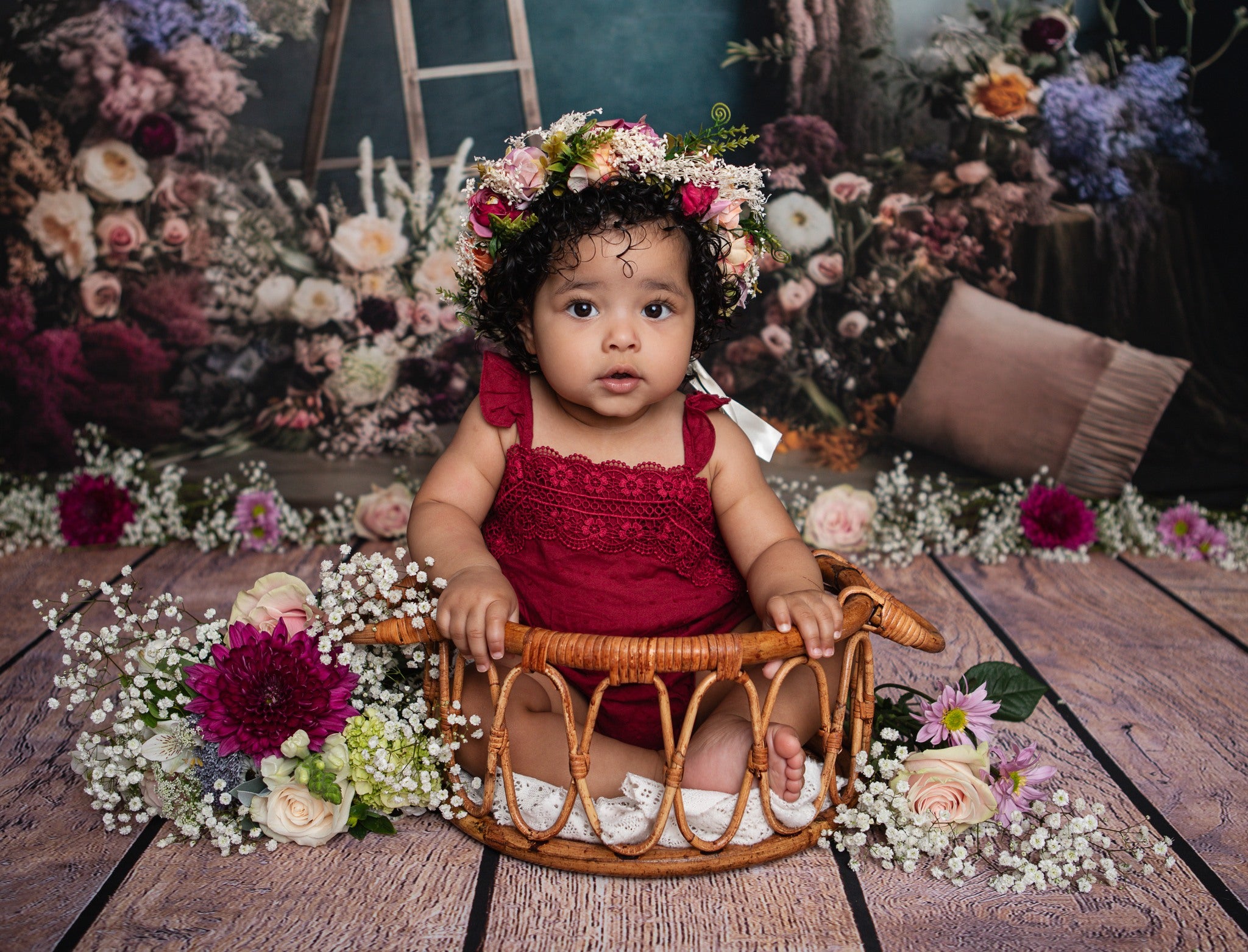 Kate Painterly Boho Backdrop Outdoors Wood Doors Dried Flowers Pampas Designed by Mini MakeBelieve