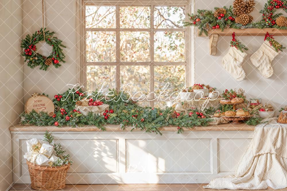 Kate Christmas Window Garland Stockings Fleece Backdrop Designed by Emetselch - Kate Backdrop AU
