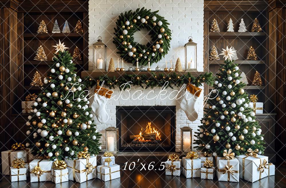 Kate Fireplace Wreath Christmas Trees Backdrop Designed by Mini MakeBelieve