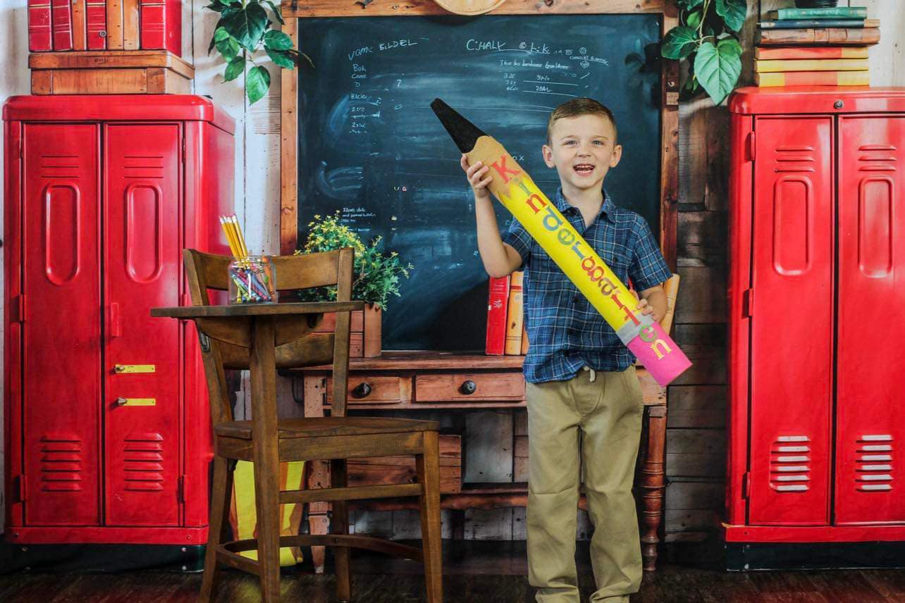 Kate Kate Back to School Red Locker Blackboard Backdrop+Dark Brown Old Wooden Floor Backdrop - Kate Backdrop AU