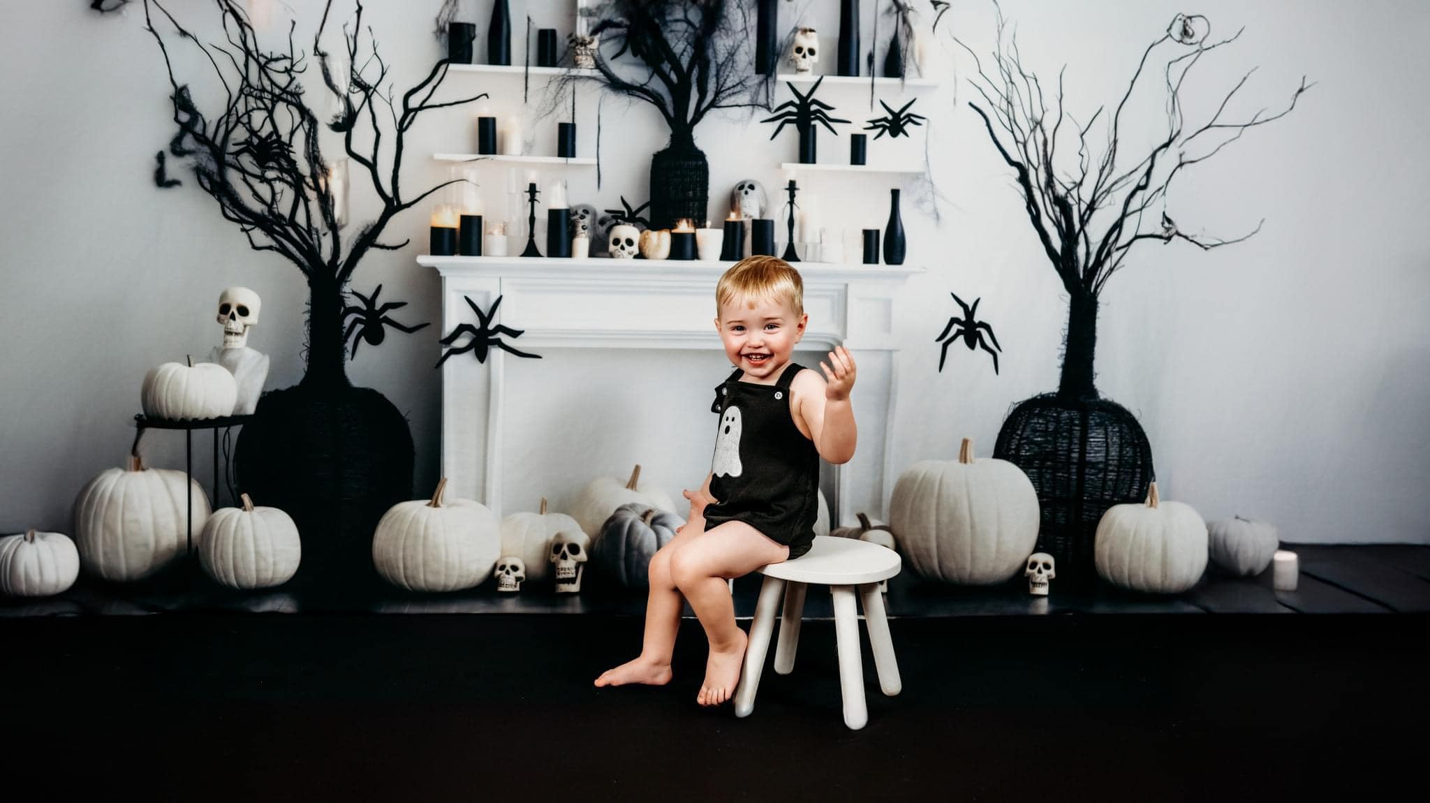 Kate Black & White Halloween Fireplace Backdrop Designed by Lidia Redekopp - Kate Backdrop AU