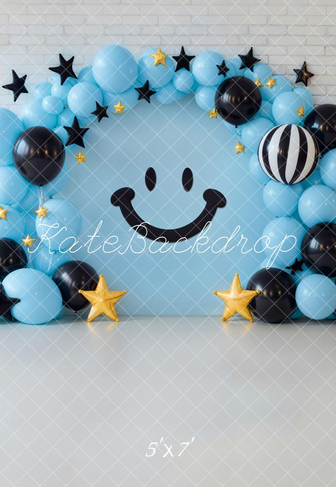 Kate Smiley Face Balloon Stars Blue Backdrop Designed by Emetselch - Kate Backdrop AU