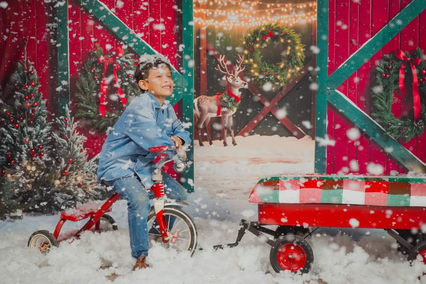 Kate Christmas Red House Elk Snow Backdrop Designed by Emetselch - Kate Backdrop AU