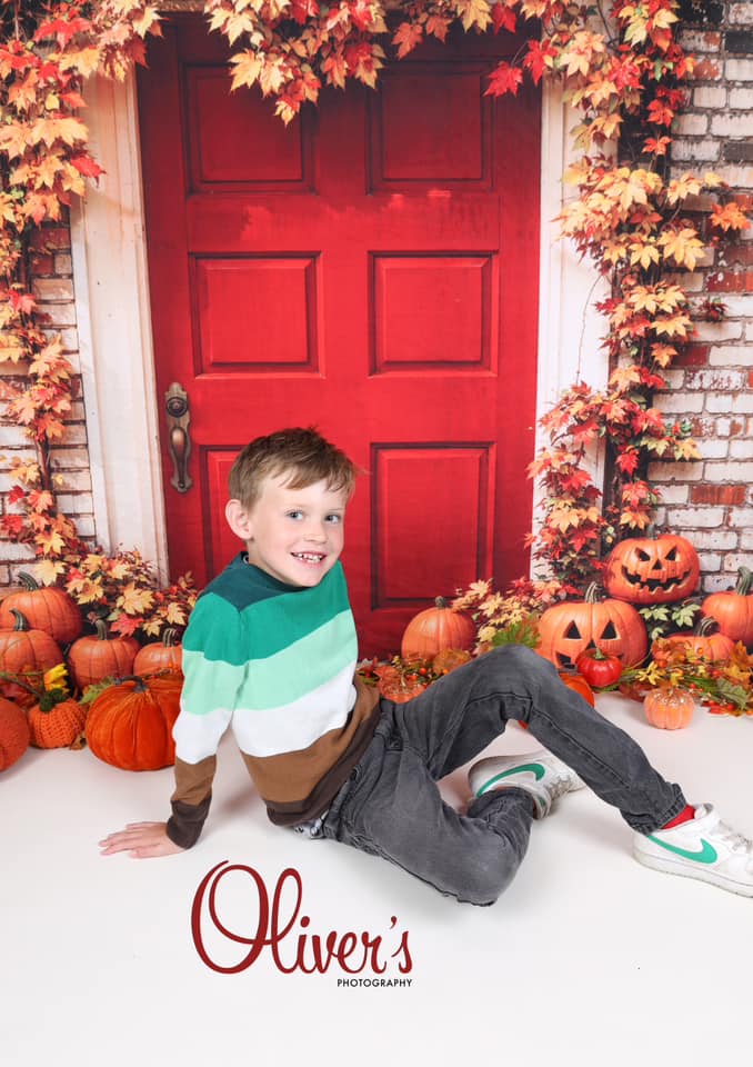 Kate Autumn Halloween Backdrop Maple Leaves Red Door Brick Wall Designed by Emetselch - Kate Backdrop AU