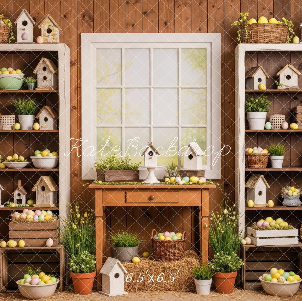 Kate Easter Eggs Birdhouses Wooden Shelves Backdrop Designed by Patty Roberts