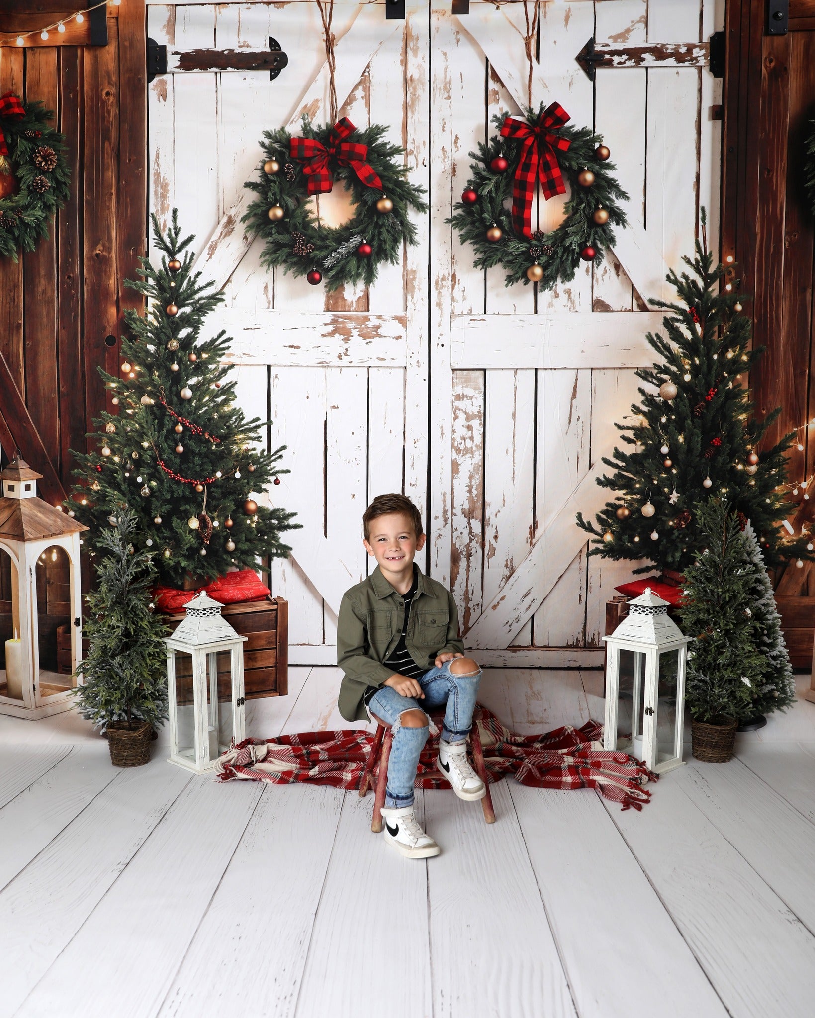 Kate Christmas Tree Retro Barn Door Backdrop Designed by Emetselch - Kate Backdrop AU