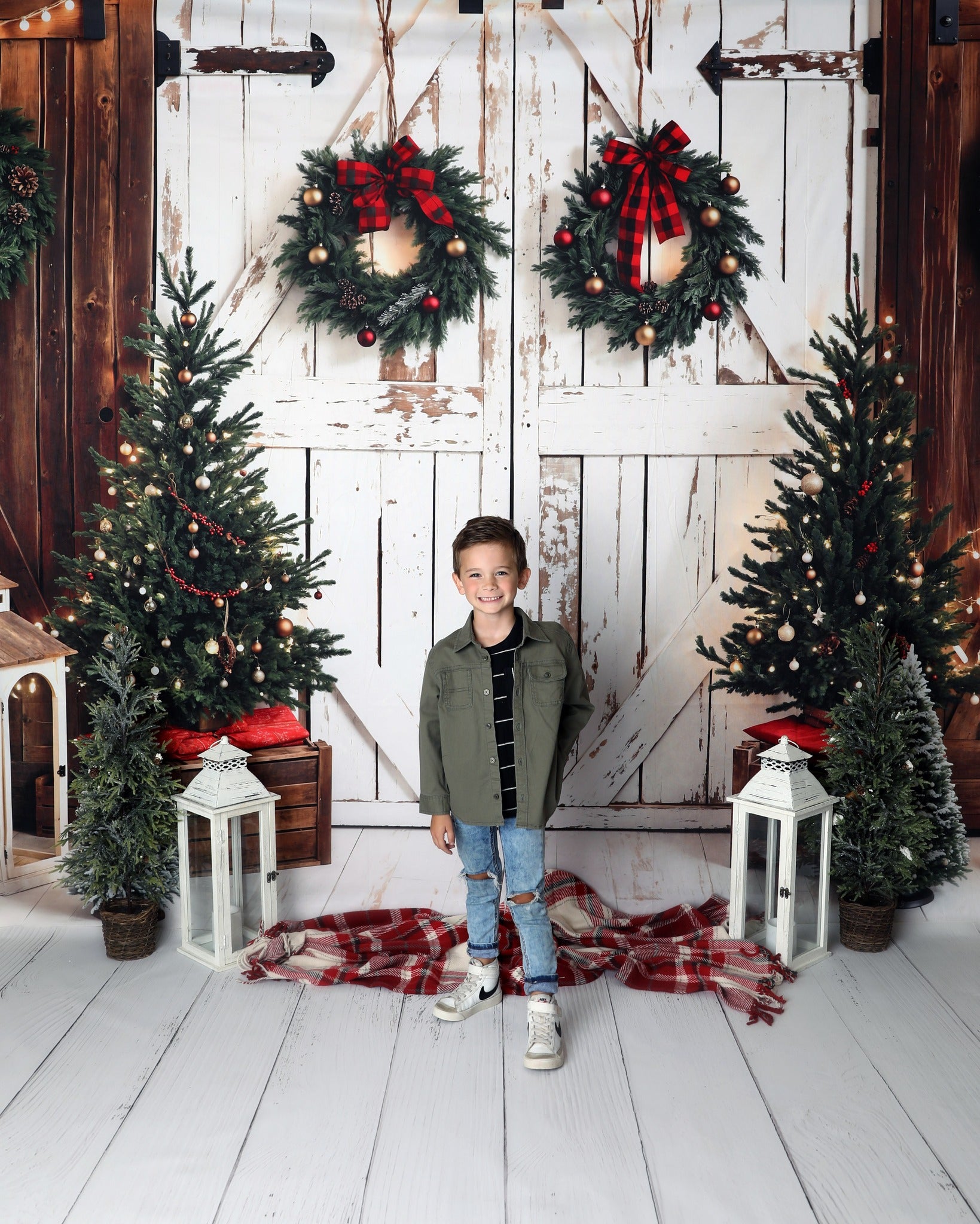 Kate Christmas Tree Retro Barn Door Backdrop Designed by Emetselch - Kate Backdrop AU