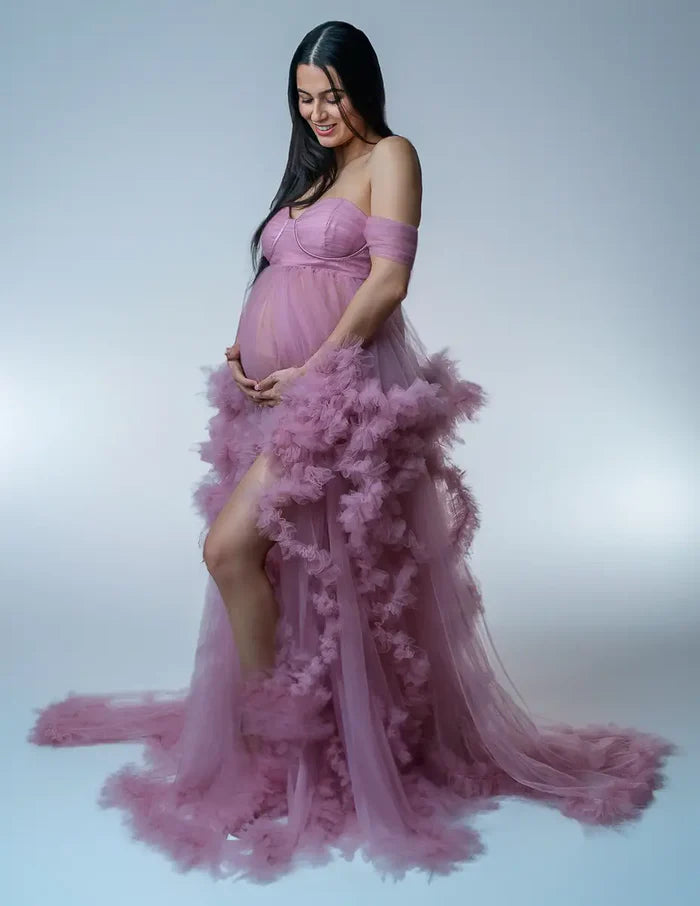 Kate Crimson One Shoulder Mesh Maternity Photoshoot Dress - Kate Backdrop AU