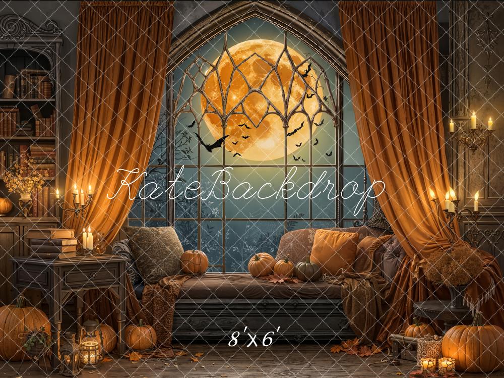 Kate Halloween Moon Pumpkins Window Fleece Backdrop Designed by Emetselch